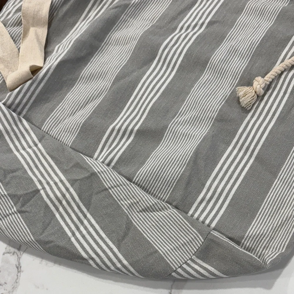Set of 2 Striped Cotton Canvas Large Laundry Bags - Navy Blue, Grey, White